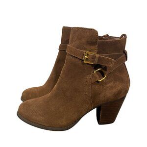 Lauren Ralph Lauren Brown Suede Ankle Boots Block Heel Side Zipper gold toned